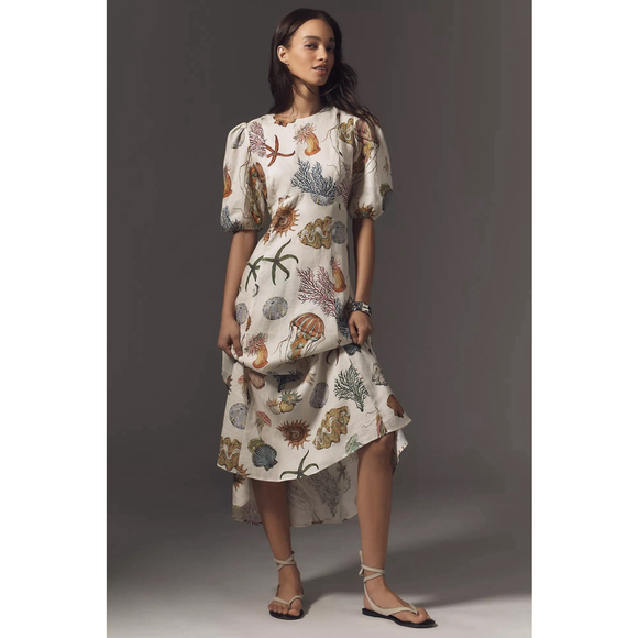 NWT ALEMAIS Sea Short-Sleeve Linen Midi Dress Puff Sleeves Size US 0 Resort